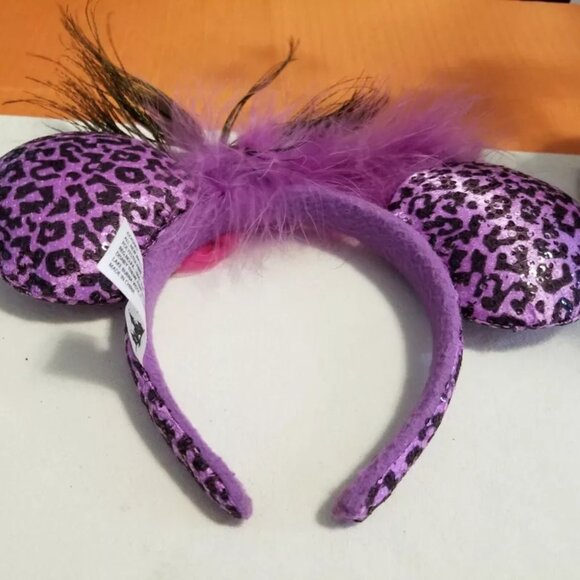 Rare WDW Minnie Mouse Ears Purple Leopard Print Peacock Feather Headband - Picture 2 of 2